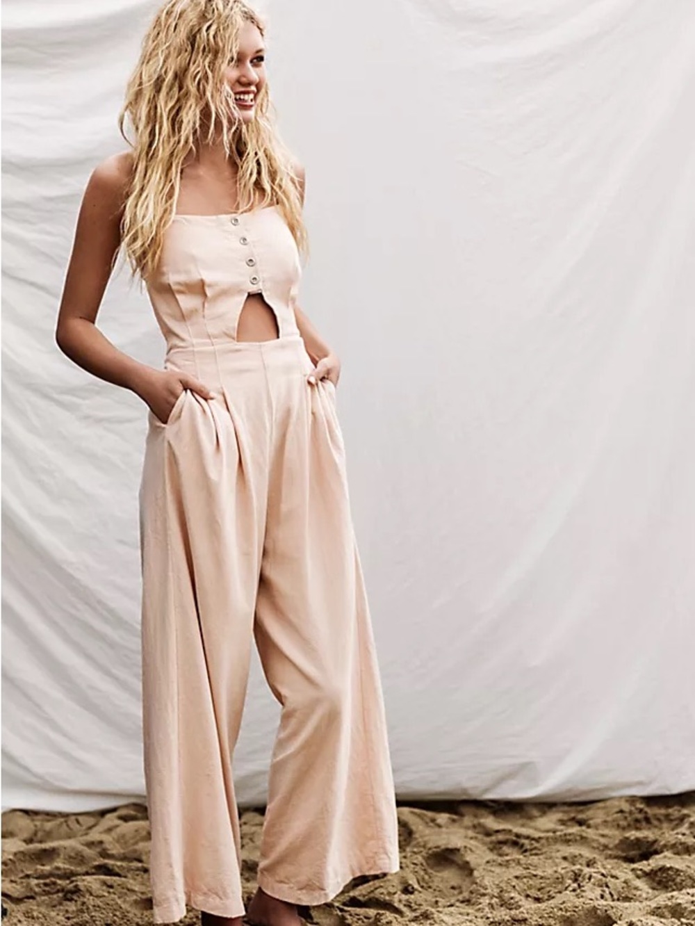 Free People Marbella Cutout Jumpsuit One Piece Cotton Linen XSmall